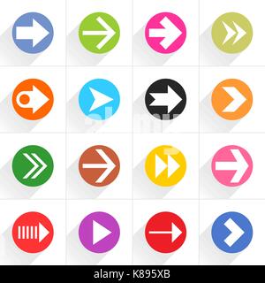 16 arrow flat icon with long shadow. Blue, green, pink, orange, brown, yellow, violet, purple, red, cobalt, magenta signs on white background Vector i Stock Vector