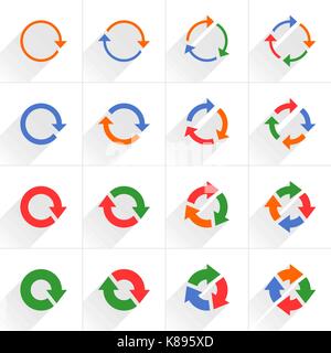 16 arrow flat icon with gray long shadow. Orange, blue, red, green signs on white background. Clean, simple, minimal, solid, plain style. Vector illus Stock Vector