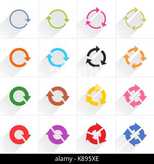 16 arrow flat icon with gray long shadow. Blue, green, pink, orange, brown, yellow, violet, purple, red, cobalt, magenta signs on white background. Ve Stock Vector