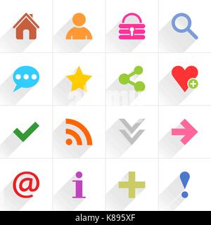 16 basic sign flat icon with gray long shadow. Blue, green, pink, orange, brown, yellow, violet, purple, red, cobalt, magenta signs on white backgroun Stock Vector