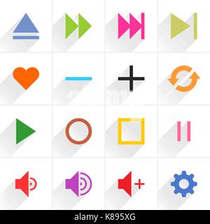 16 media control sign flat icon with gray long shadow. Blue, green, pink, orange, brown, yellow, violet, purple, red, cobalt, magenta signs on white b Stock Vector