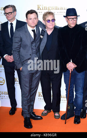 Colin Firth, Taron Egerton, Elton John, Matthew Vaughan and Jeff Bridges attending the World Premiere of Kingsman: The Golden Circle, at Cineworld in Leicester Square, London. Picture Date: Monday 18 September. Photo credit should read: Ian West/PA Wire Stock Photo