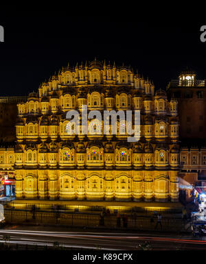 JAIPUR, INDIA - CIRCA NOVEMBER 2016: Hawa Mahal also known as the Palace of the Winds Jaipur, the Pink City at night. The Palace is a very popular tor