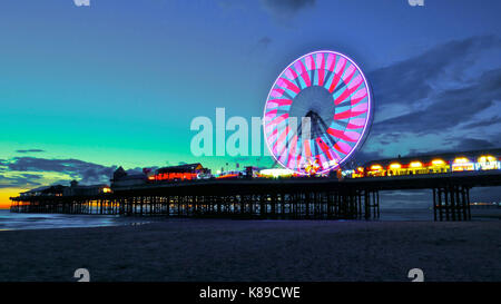 The new kaleidoscopic lights display on the Ferris wheel on Central Pier in Blackpool Stock Photo