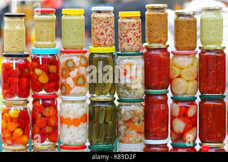 Pickled vegetables in mason jars ready for winter Stock Photo