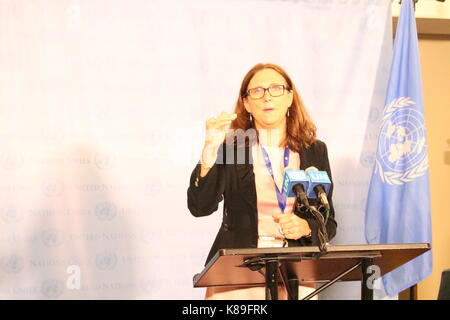 UN, New York, USA. 18th Sep, 2017. Cecilia Malmstrom, European Commissioner for Trade addressed press on the Alliance for Torture-Free Trade. Credit: Matthew Russell Lee/Alamy Live News Stock Photo