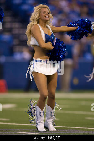 Ot. 17th Sep, 2017. Indianapolis Colts cheerleader performs during NFL football game action between the Arizona Cardinals and the Indianapolis Colts at Lucas Oil Stadium in Indianapolis, Indiana. Arizona defeated Indianapolis 16-13 in OT. John Mersits/CSM/Alamy Live News Stock Photo