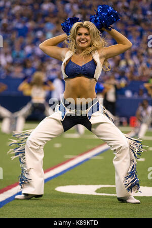Ot. 17th Sep, 2017. Indianapolis Colts cheerleader performs during NFL football game action between the Arizona Cardinals and the Indianapolis Colts at Lucas Oil Stadium in Indianapolis, Indiana. Arizona defeated Indianapolis 16-13 in OT. John Mersits/CSM/Alamy Live News Stock Photo