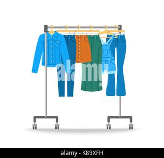 Women jean clothes hanging on hanger rack with rolling wheels. Vector flat illustration. New cotton collection. Trendy season wear. Jeans, jacket, ski Stock Vector