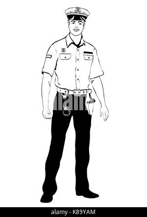 Police officer standing front side, vector outline cartoon portrait male cop full-length, black and white painted human in a police uniform with arms  Stock Vector