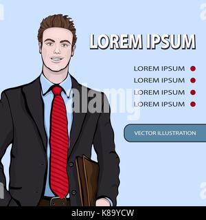 Business man banner, vector background with managing standing front side, cartoon multicolor portrait three quarters, painted human in suit with a tie Stock Vector