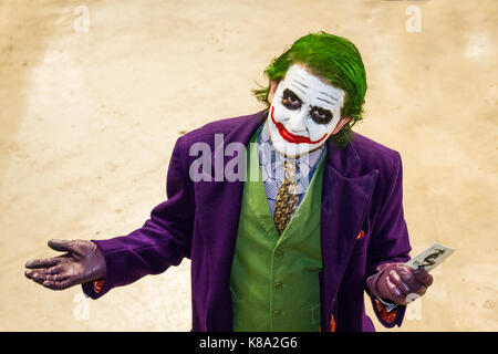 SHEFFIELD, UK - AUGUST 12, 2017. A cosplayer at A comic con event dressed as The Joker from The Batman movies looking straight at the camera Stock Photo