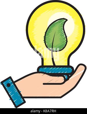 hand with bulb with leaf inside Stock Vector
