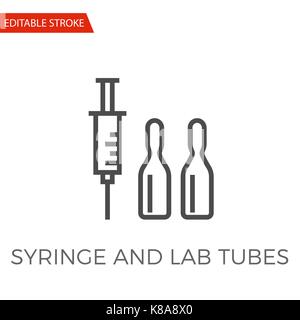 Syringe and Lab Tubes Thin Line Vector Icon. Flat Icon Isolated on the White Background. Editable Stroke EPS file. Vector illustration. Stock Vector
