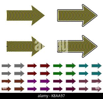 Arrow – black arrow with sharp angles and color stripes in form of circle, arrow with striped pattern on white background, graphic element of design Stock Vector