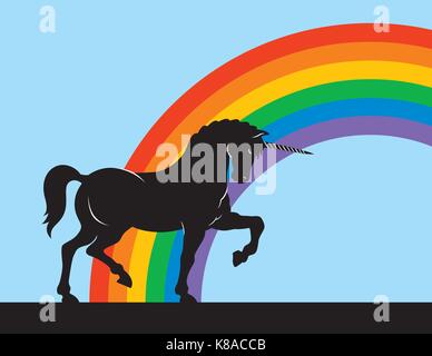 Rainbow Unicorn Vector Design Vector illustration of magical unicorn with rainbow arc background. Partially silhouetted unicorn with white highlights. Stock Vector