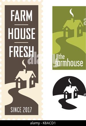 Set of Farmhouse Vector Logos Three farmhouse logos or badges with winding road leading to a quaint, country house with smoke coming from the chimney. Stock Vector