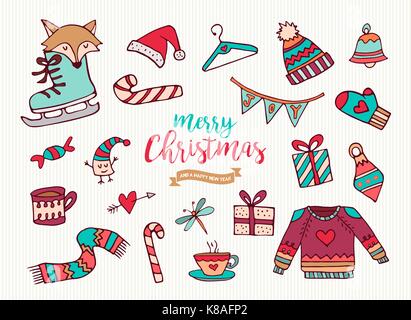 Merry Christmas Happy New Year cute festive cartoon element collection. Set of hand drawn holiday decoration, includes funny fox, winter clothing and  Stock Vector