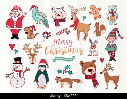 Merry Christmas Happy New Year cute festive cartoon element collection. Set of hand drawn holiday decoration, includes santa claus, xmas reindeer and  Stock Vector