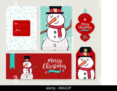 Merry Christmas greeting card set with winter snowman hand drawn cartoon. Includes holiday themed template, tag and label. EPS10 vector. Stock Vector