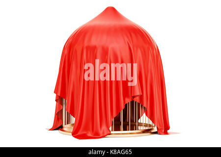 Golden bird cage covered red cloth, 3D rendering Stock Photo