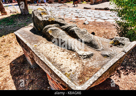 Archaeological excavations of Ostia Antica: Ancient Roman sarcophagus cover Stock Photo