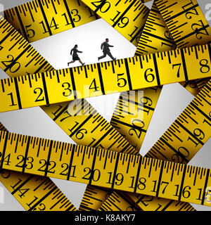 Tape measure crisis and weight control concept as two overweight people on a diet running on a measuring tool in a 3D illustration style. Stock Photo
