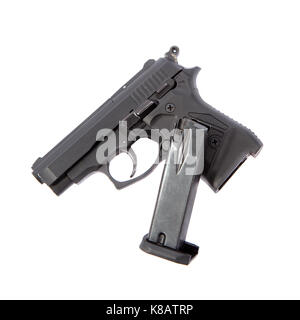 An unloaded black pistol on white background Stock Photo