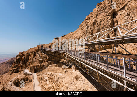 Cable car arriving to the top of Masada National Park Stock Photo