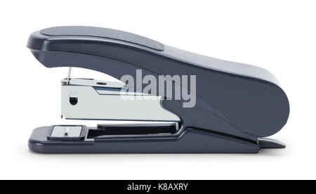 Small Black Stapler Side View Isolated on White Background. Stock Photo