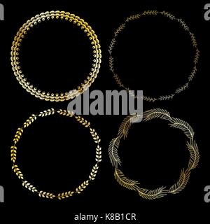 Golden cute round frame. Vector wreath with herbs and leaves. Stock Vector