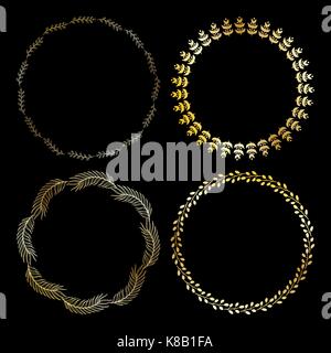 Golden cute round frame. Vector wreath with herbs and leaves. Stock Vector