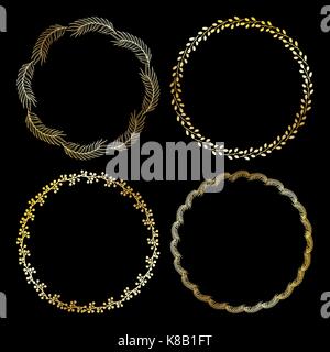 Golden cute round frame. Vector wreath with herbs and leaves. Stock Vector
