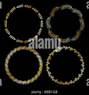 Golden cute round frame. Vector wreath with herbs and leaves. Stock Vector