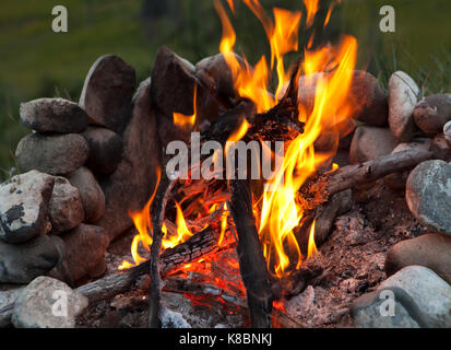 Close up shot of a burning campfire with a stone fire circle in summer. Stock Photo