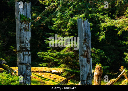 The funeral poles, also known as totem poles, in SGang Gwaay world heritage site, Haida Gwaii, First Nations, British Columbia, Canada Stock Photo