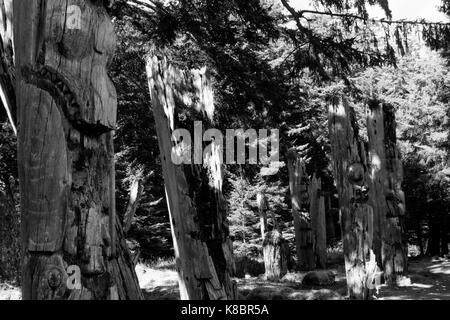 The funeral poles, also known as totem poles, in SGang Gwaay world heritage site, Haida Gwaii, First Nations, British Columbia, Canada Stock Photo