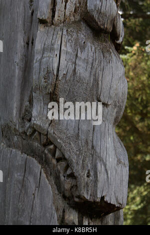 The funeral poles, also known as totem poles, in SGang Gwaay world heritage site, Haida Gwaii, First Nations, British Columbia, Canada Stock Photo