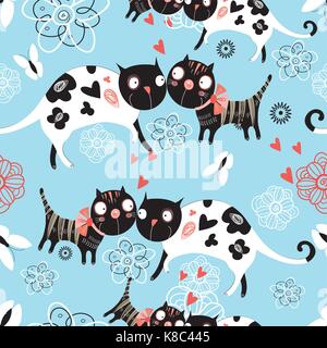 Seamless graphic pattern of enamored cats  Stock Vector