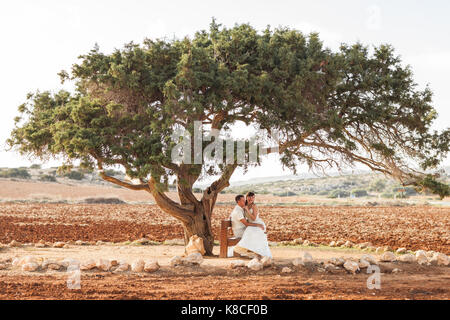 Newlywed couple sitting under shade of tree in summer Stock Photo