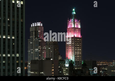 Office towers in downtown Manhattan in New York City at night Stock Photo