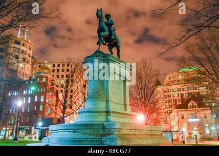 Statue in honor of general Winfield Scott Hancock at night in Washington D.C., the United States of America. Stock Photo