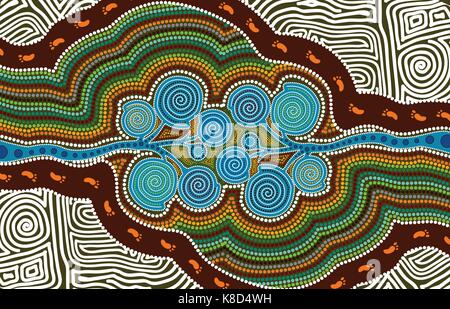 Illustration based on aboriginal style of dot painting. Stock Vector