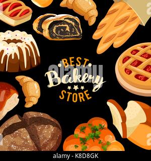 Bakery shop vector frame Baked bread products icons Stock Vector