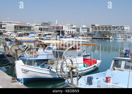 A View of boats and the restaurants at the new Limassol Marina, Cyprus Stock Photo