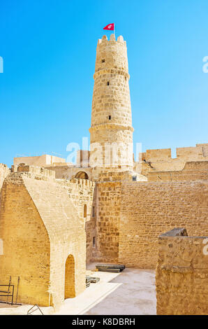 The walk in maze of the old Ribat fortress structures with a view on its central tower, Monastir, Tunisia. Stock Photo
