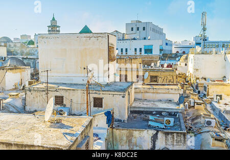 The old roofs of Tunis Medina are open for the tourists, it's the best place to relax and discover the old town from the top, Tunisia. Stock Photo