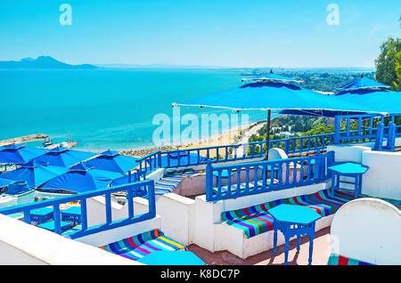 Sidi Bou Said is one of the most famous resorts in Tunisia, it boasts luxury restaurants, family hotels in historic Arabic mansions, cozy sand beach a Stock Photo