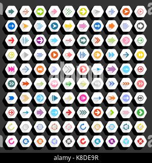 Flat arrow icon with long shadow. Sign on hexagon shapes web button on background. Simple, minimal, solid, plain style. Vector illustration Stock Vector