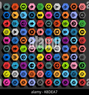 Flat arrow icon with long shadow. Sign on hexagon shapes web button on background. Simple, minimal, solid, plain style. Vector illustration Stock Vector